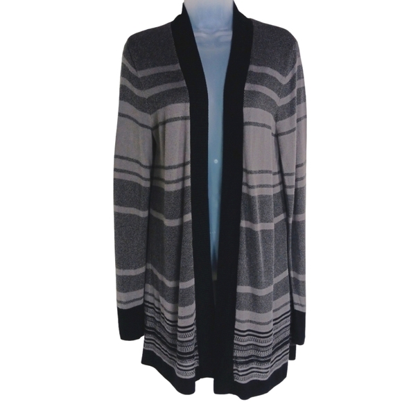 APT 9 Gray & Black Light Weight Long Sleeve Knit Striped Cardigan Sweater Large - Picture 3 of 8